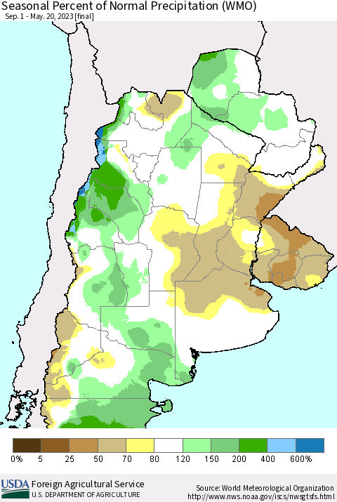 Southern South America Seasonal Percent of Normal Precipitation (WMO) Thematic Map For 9/1/2022 - 5/20/2023