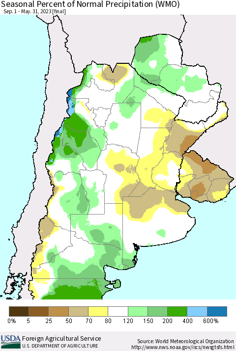 Southern South America Seasonal Percent of Normal Precipitation (WMO) Thematic Map For 9/1/2022 - 5/31/2023
