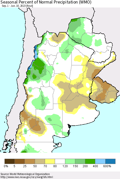 Southern South America Seasonal Percent of Normal Precipitation (WMO) Thematic Map For 9/1/2022 - 6/10/2023
