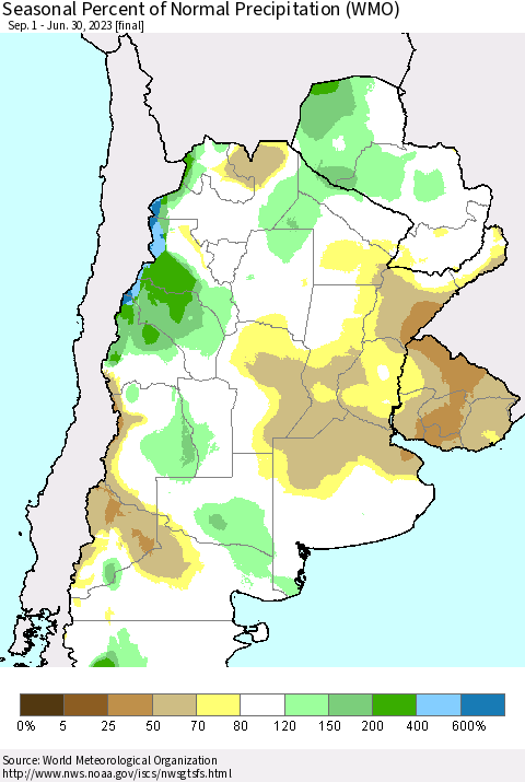 Southern South America Seasonal Percent of Normal Precipitation (WMO) Thematic Map For 9/1/2022 - 6/30/2023