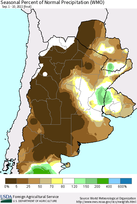 Southern South America Seasonal Percent of Normal Precipitation (WMO) Thematic Map For 9/1/2022 - 9/10/2022