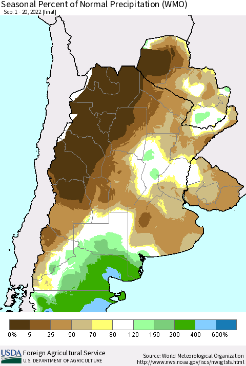 Southern South America Seasonal Percent of Normal Precipitation (WMO) Thematic Map For 9/1/2022 - 9/20/2022