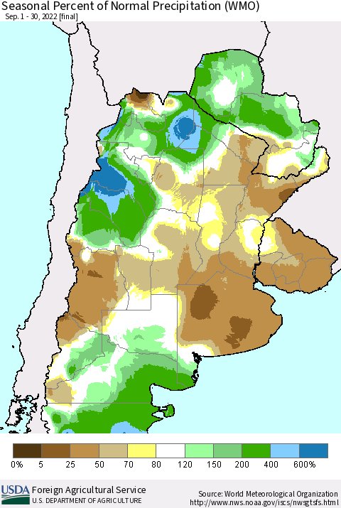 Southern South America Seasonal Percent of Normal Precipitation (WMO) Thematic Map For 9/1/2022 - 9/30/2022