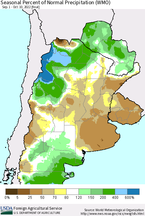 Southern South America Seasonal Percent of Normal Precipitation (WMO) Thematic Map For 9/1/2022 - 10/10/2022