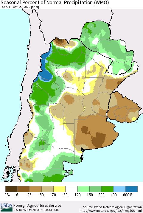Southern South America Seasonal Percent of Normal Precipitation (WMO) Thematic Map For 9/1/2022 - 10/20/2022
