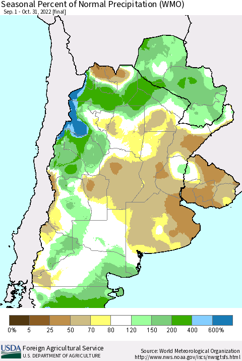 Southern South America Seasonal Percent of Normal Precipitation (WMO) Thematic Map For 9/1/2022 - 10/31/2022