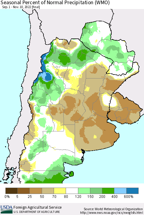 Southern South America Seasonal Percent of Normal Precipitation (WMO) Thematic Map For 9/1/2022 - 11/10/2022