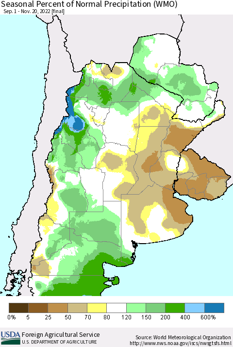 Southern South America Seasonal Percent of Normal Precipitation (WMO) Thematic Map For 9/1/2022 - 11/20/2022