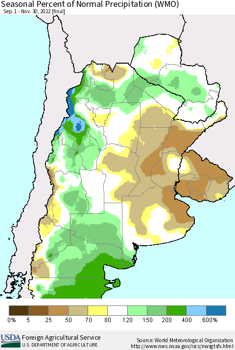 Southern South America Seasonal Percent of Normal Precipitation (WMO) Thematic Map For 9/1/2022 - 11/30/2022