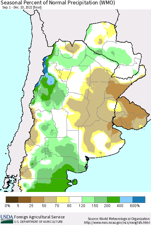 Southern South America Seasonal Percent of Normal Precipitation (WMO) Thematic Map For 9/1/2022 - 12/10/2022