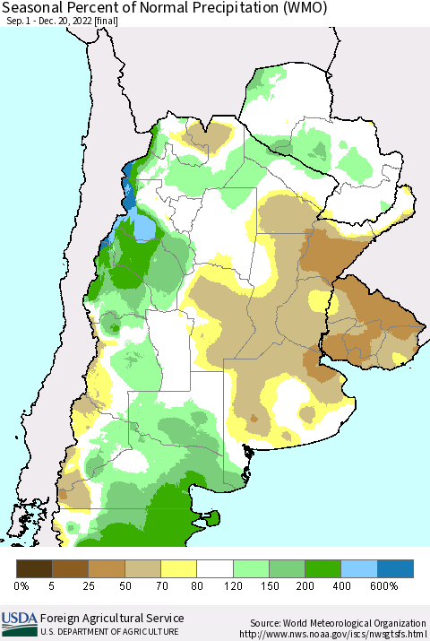 Southern South America Seasonal Percent of Normal Precipitation (WMO) Thematic Map For 9/1/2022 - 12/20/2022