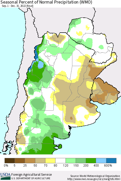 Southern South America Seasonal Percent of Normal Precipitation (WMO) Thematic Map For 9/1/2022 - 12/31/2022