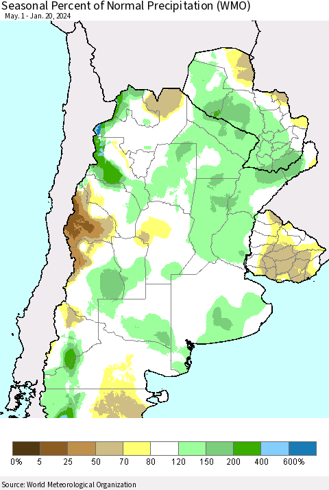Southern South America Seasonal Percent of Normal Precipitation (WMO) Thematic Map For 5/1/2023 - 1/20/2024
