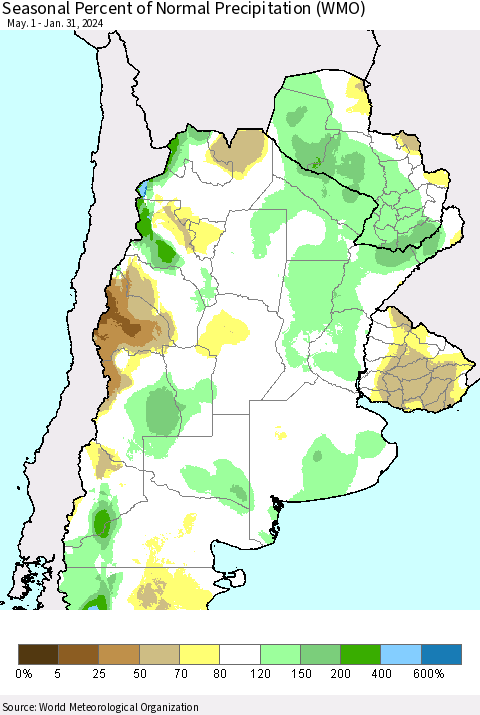 Southern South America Seasonal Percent of Normal Precipitation (WMO) Thematic Map For 5/1/2023 - 1/31/2024