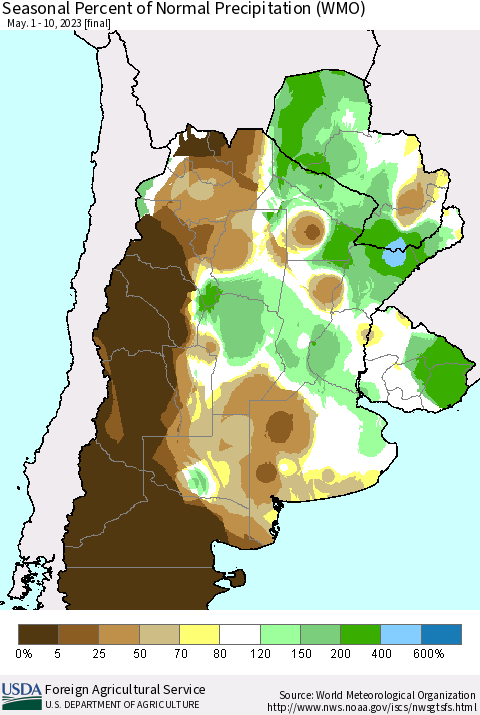 Southern South America Seasonal Percent of Normal Precipitation (WMO) Thematic Map For 5/1/2023 - 5/10/2023
