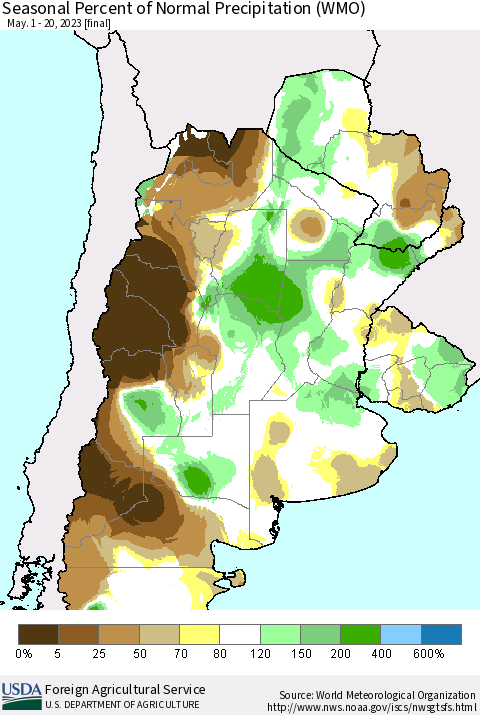 Southern South America Seasonal Percent of Normal Precipitation (WMO) Thematic Map For 5/1/2023 - 5/20/2023
