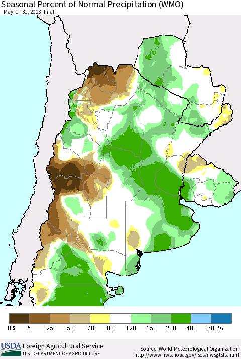 Southern South America Seasonal Percent of Normal Precipitation (WMO) Thematic Map For 5/1/2023 - 5/31/2023