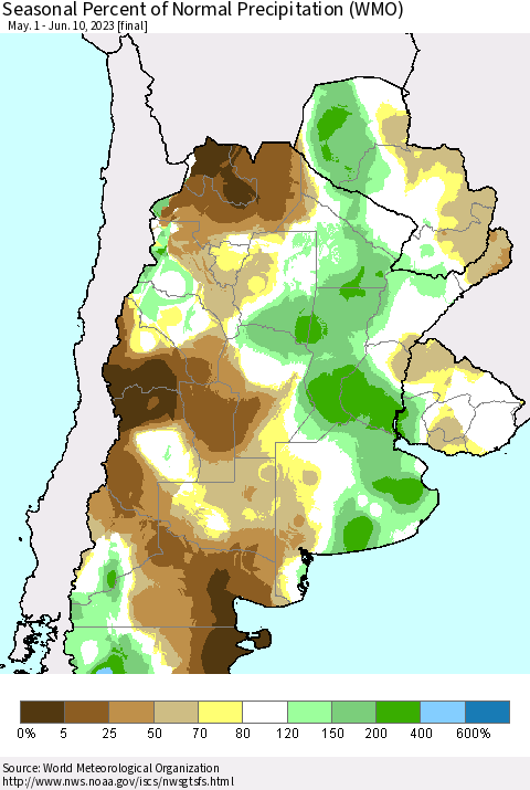 Southern South America Seasonal Percent of Normal Precipitation (WMO) Thematic Map For 5/1/2023 - 6/10/2023