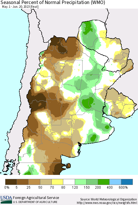 Southern South America Seasonal Percent of Normal Precipitation (WMO) Thematic Map For 5/1/2023 - 6/20/2023