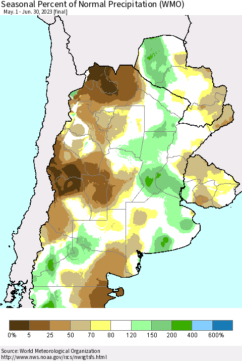 Southern South America Seasonal Percent of Normal Precipitation (WMO) Thematic Map For 5/1/2023 - 6/30/2023