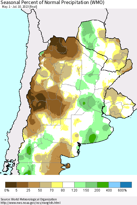 Southern South America Seasonal Percent of Normal Precipitation (WMO) Thematic Map For 5/1/2023 - 7/10/2023