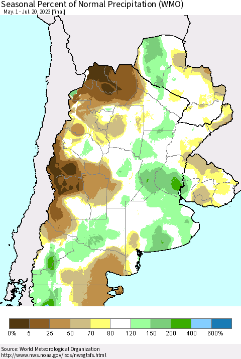 Southern South America Seasonal Percent of Normal Precipitation (WMO) Thematic Map For 5/1/2023 - 7/20/2023