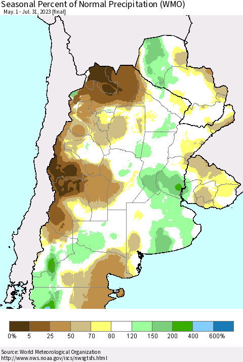 Southern South America Seasonal Percent of Normal Precipitation (WMO) Thematic Map For 5/1/2023 - 7/31/2023