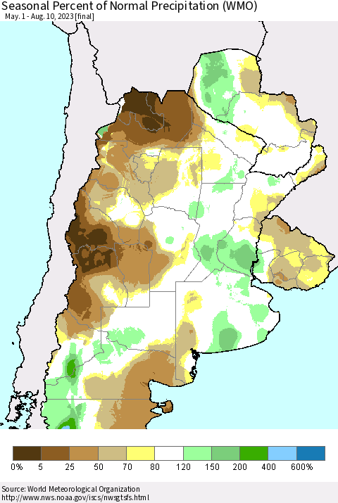 Southern South America Seasonal Percent of Normal Precipitation (WMO) Thematic Map For 5/1/2023 - 8/10/2023
