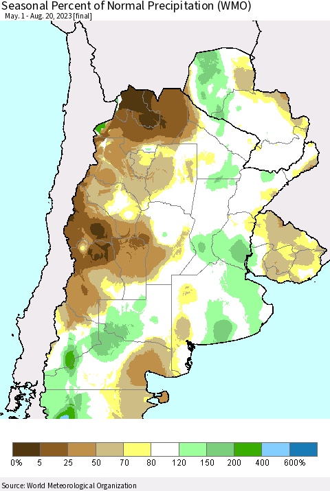 Southern South America Seasonal Percent of Normal Precipitation (WMO) Thematic Map For 5/1/2023 - 8/20/2023