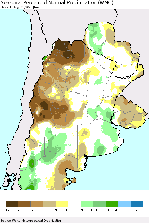 Southern South America Seasonal Percent of Normal Precipitation (WMO) Thematic Map For 5/1/2023 - 8/31/2023