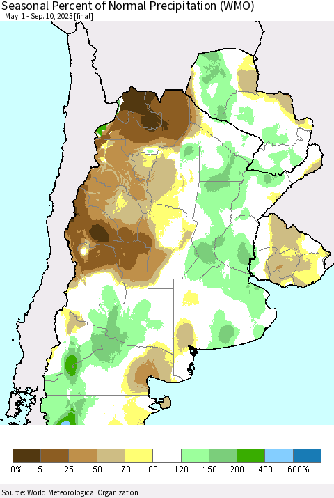 Southern South America Seasonal Percent of Normal Precipitation (WMO) Thematic Map For 5/1/2023 - 9/10/2023