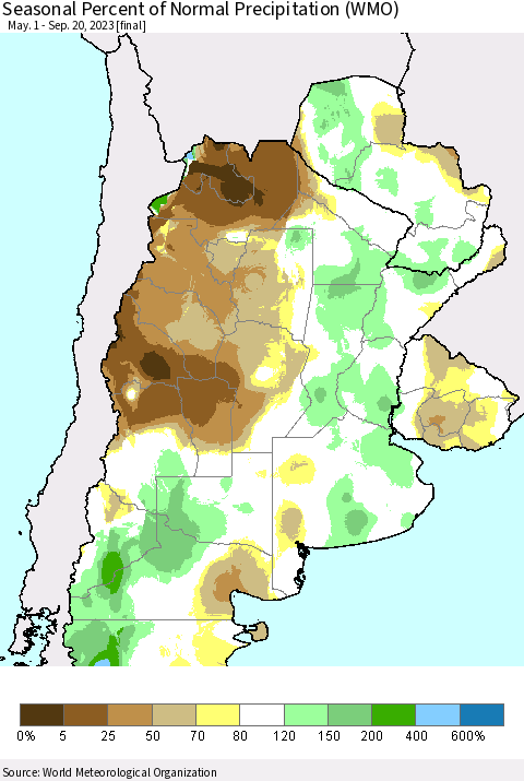 Southern South America Seasonal Percent of Normal Precipitation (WMO) Thematic Map For 5/1/2023 - 9/20/2023