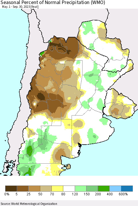Southern South America Seasonal Percent of Normal Precipitation (WMO) Thematic Map For 5/1/2023 - 9/30/2023