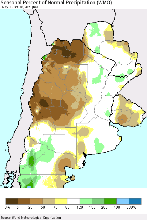 Southern South America Seasonal Percent of Normal Precipitation (WMO) Thematic Map For 5/1/2023 - 10/10/2023