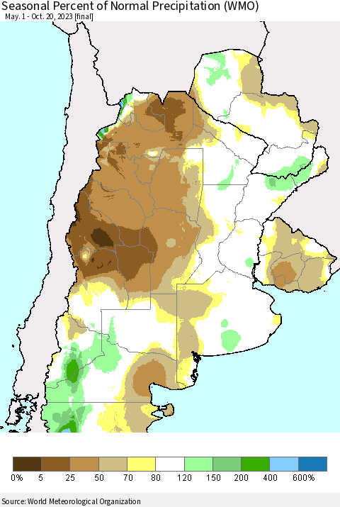 Southern South America Seasonal Percent of Normal Precipitation (WMO) Thematic Map For 5/1/2023 - 10/20/2023