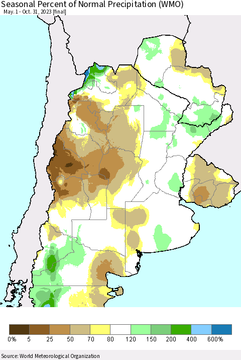 Southern South America Seasonal Percent of Normal Precipitation (WMO) Thematic Map For 5/1/2023 - 10/31/2023
