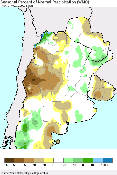 Southern South America Seasonal Percent of Normal Precipitation (WMO) Thematic Map For 5/1/2023 - 11/10/2023