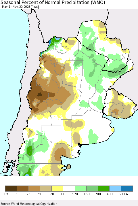 Southern South America Seasonal Percent of Normal Precipitation (WMO) Thematic Map For 5/1/2023 - 11/20/2023