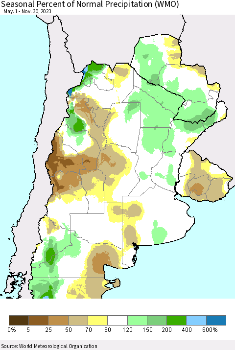 Southern South America Seasonal Percent of Normal Precipitation (WMO) Thematic Map For 5/1/2023 - 11/30/2023