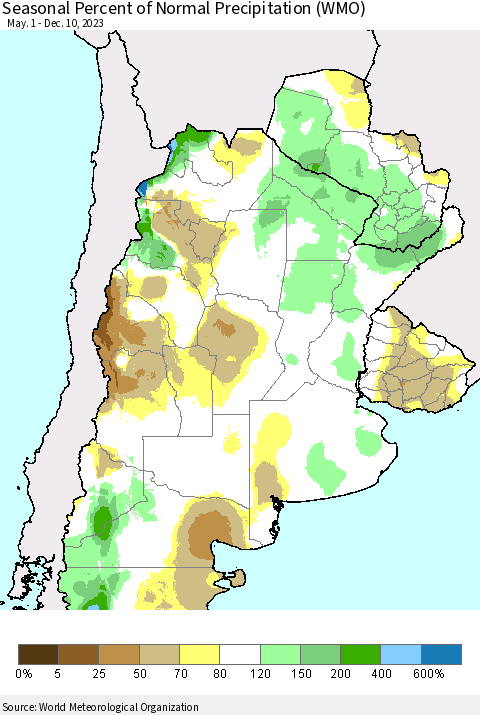 Southern South America Seasonal Percent of Normal Precipitation (WMO) Thematic Map For 5/1/2023 - 12/10/2023