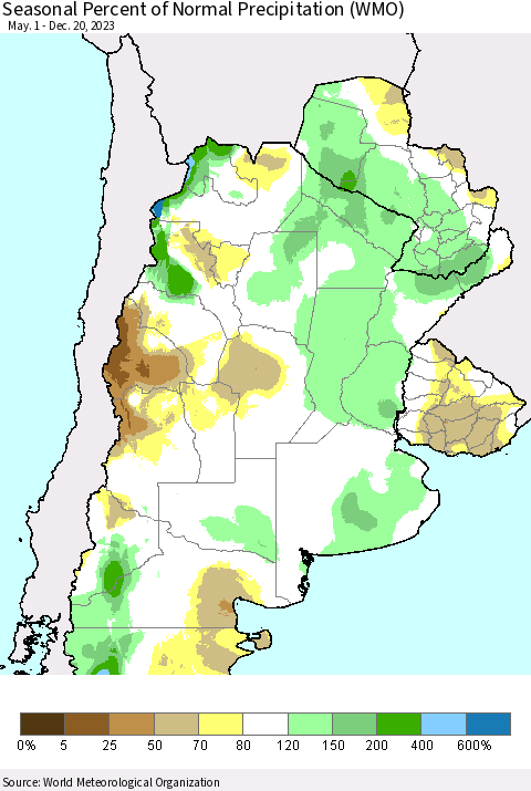 Southern South America Seasonal Percent of Normal Precipitation (WMO) Thematic Map For 5/1/2023 - 12/20/2023