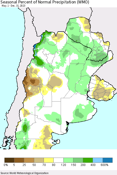 Southern South America Seasonal Percent of Normal Precipitation (WMO) Thematic Map For 5/1/2023 - 12/31/2023