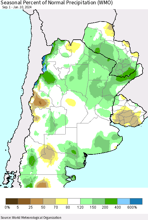 Southern South America Seasonal Percent of Normal Precipitation (WMO) Thematic Map For 9/1/2023 - 1/10/2024