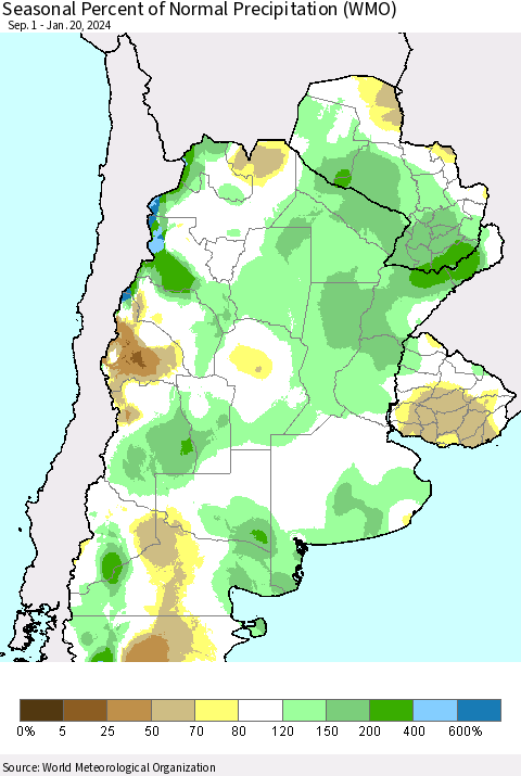 Southern South America Seasonal Percent of Normal Precipitation (WMO) Thematic Map For 9/1/2023 - 1/20/2024