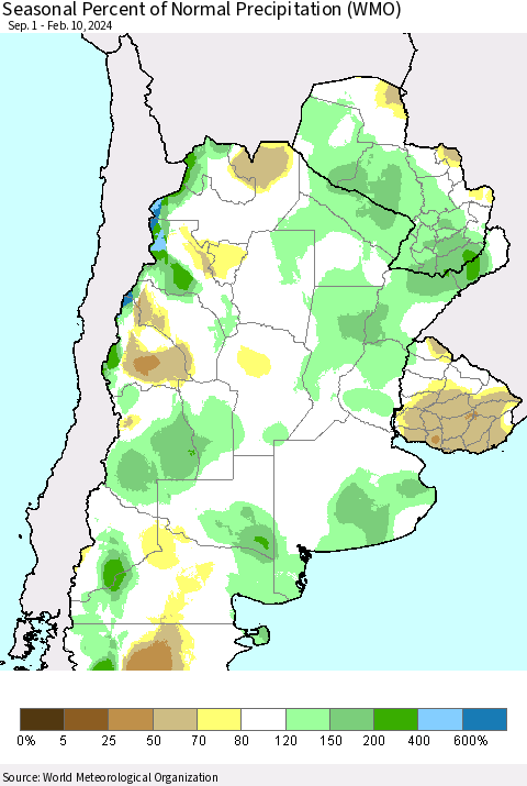 Southern South America Seasonal Percent of Normal Precipitation (WMO) Thematic Map For 9/1/2023 - 2/10/2024