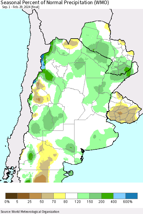 Southern South America Seasonal Percent of Normal Precipitation (WMO) Thematic Map For 9/1/2023 - 2/29/2024