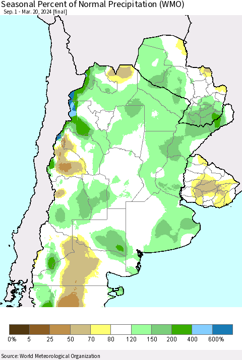 Southern South America Seasonal Percent of Normal Precipitation (WMO) Thematic Map For 9/1/2023 - 3/20/2024