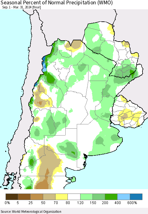 Southern South America Seasonal Percent of Normal Precipitation (WMO) Thematic Map For 9/1/2023 - 3/31/2024