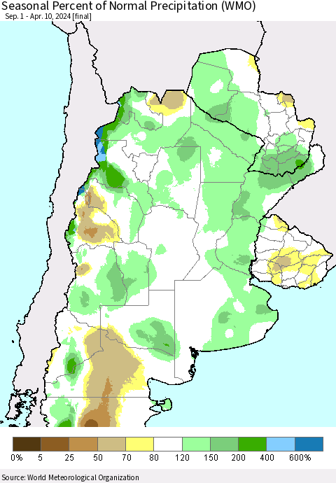 Southern South America Seasonal Percent of Normal Precipitation (WMO) Thematic Map For 9/1/2023 - 4/10/2024