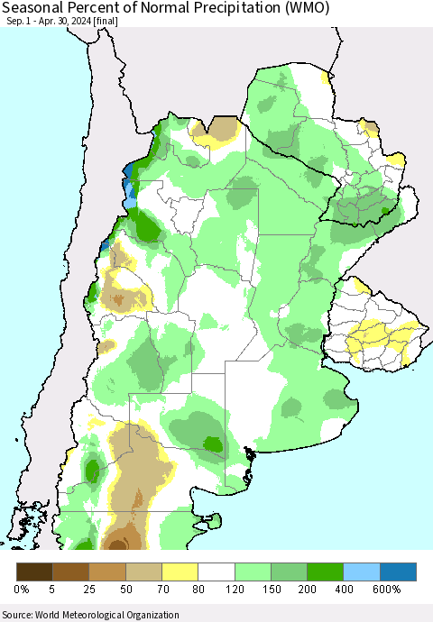 Southern South America Seasonal Percent of Normal Precipitation (WMO) Thematic Map For 9/1/2023 - 4/30/2024